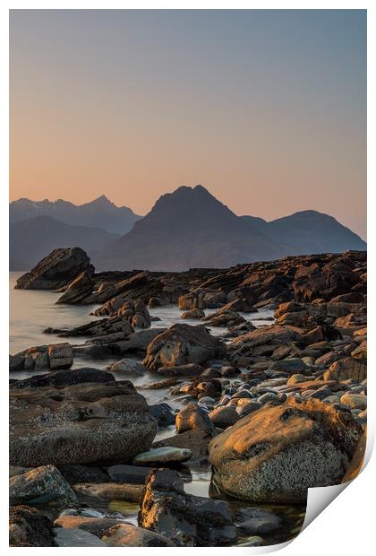 Black Cuillin from Elgol Beach at Sunset Print by Miles Gray
