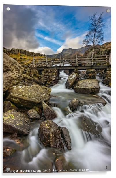 River Footbridge Snowdonia Acrylic by Adrian Evans
