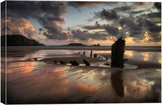 The remains of the Helvetia at Rhossili Bay, South Canvas Print by Leighton Collins
