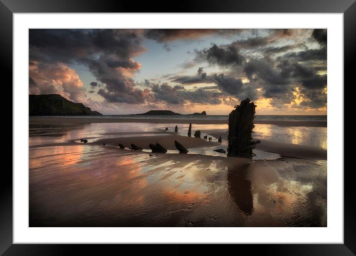 The remains of the Helvetia at Rhossili Bay, South Framed Mounted Print by Leighton Collins