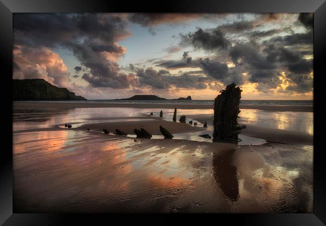 The remains of the Helvetia at Rhossili Bay, South Framed Print by Leighton Collins