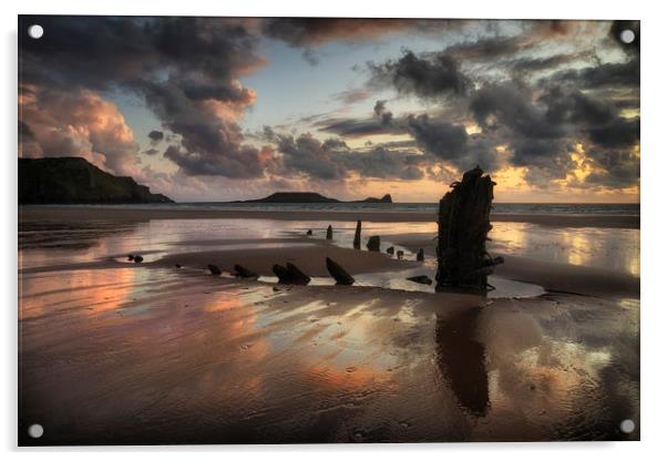 The remains of the Helvetia at Rhossili Bay, South Acrylic by Leighton Collins