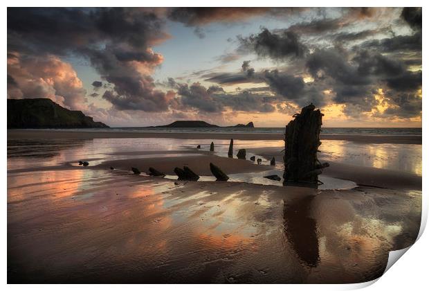 The remains of the Helvetia at Rhossili Bay, South Print by Leighton Collins