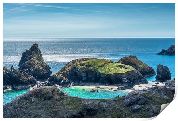 Lone photographer on the rocks at Kynance Cove Print by Andrew Michael