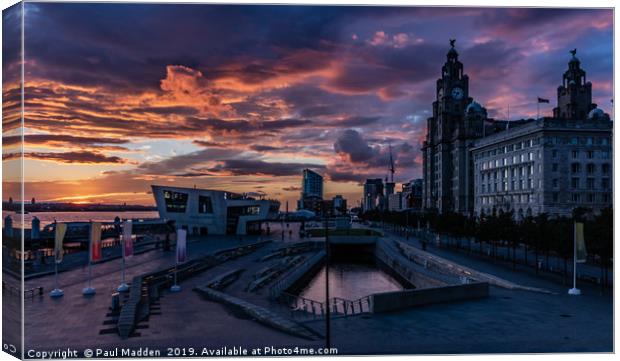 Liverpool Pier Head At Sunset Canvas Print by Paul Madden