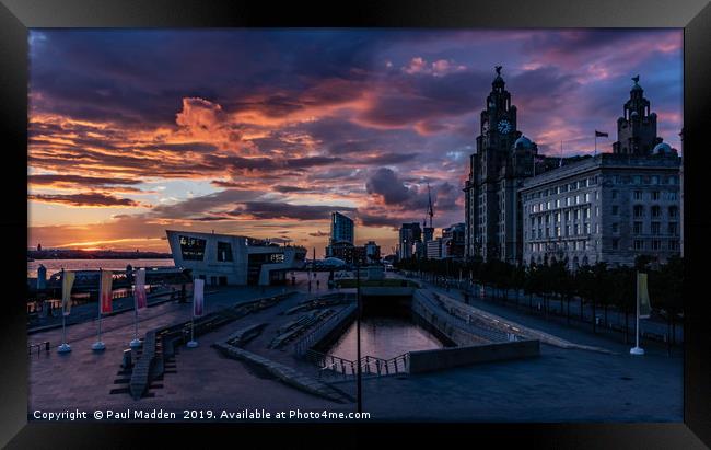 Liverpool Pier Head At Sunset Framed Print by Paul Madden