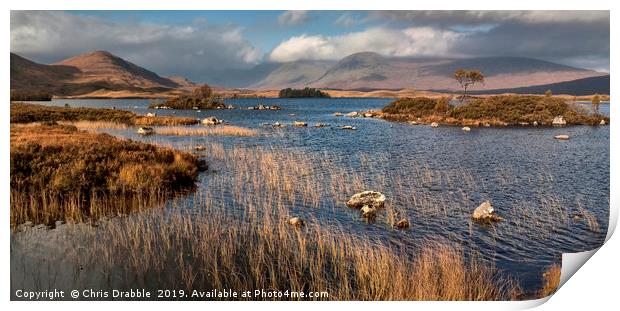 Autumn sunlight on Lochan na h Achlaise Print by Chris Drabble