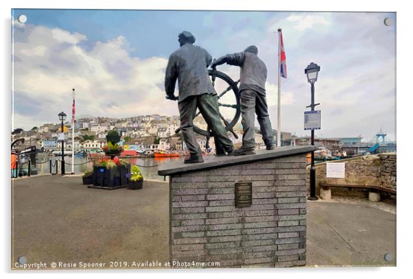 The Man and Boy statue at Brixham Harbour  Acrylic by Rosie Spooner