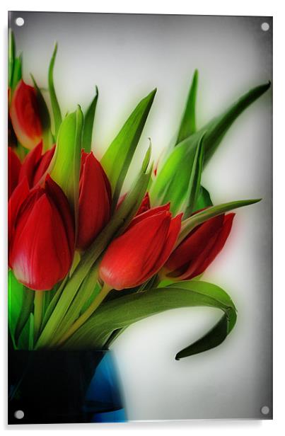 Red Tulips, Blue Vase Acrylic by Karen Martin