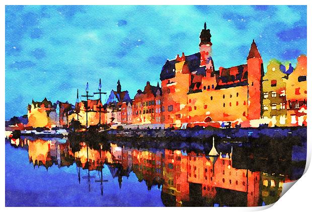 Night view of Gdansk harbor and Motlawa River Print by Wdnet Studio