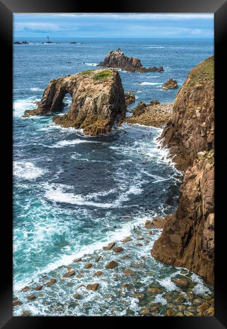 Enys Dodnan and the Armed Knight at Lands End 2 Framed Print by Andrew Michael