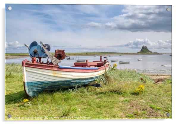 Boat Overlooking Holy Island Harbour Acrylic by David Smith