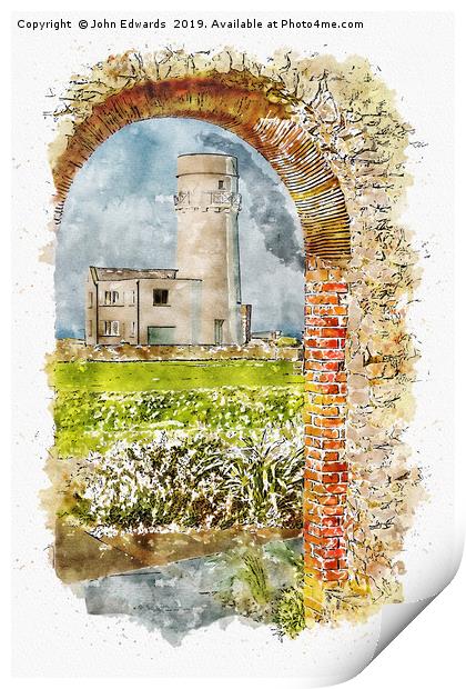 Old Hunstanton Lighthouse from St Edmunds Chapel Print by John Edwards