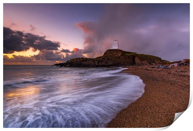 Llanddwyn Island Lighthouse sunset Print by John Finney