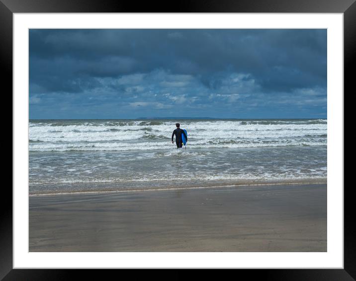Surfer at Westward Ho! Devon Framed Mounted Print by Tony Twyman