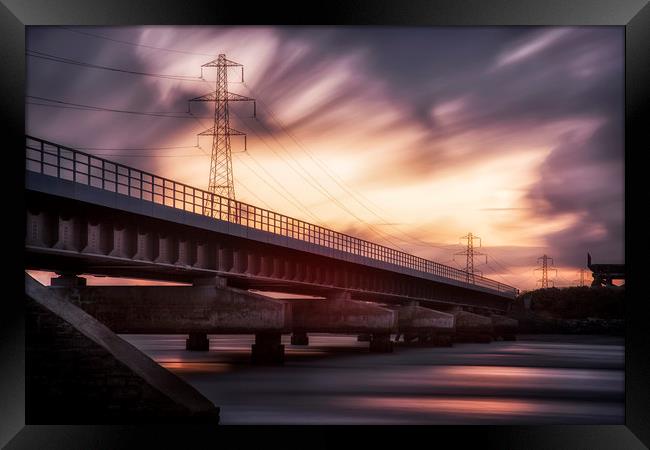 Loughor estuary rail bridge sunset Framed Print by Leighton Collins
