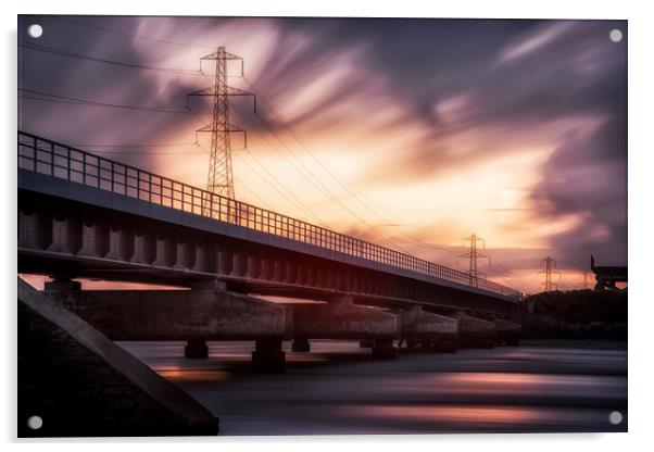 Loughor estuary rail bridge sunset Acrylic by Leighton Collins