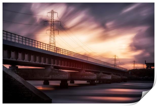 Loughor estuary rail bridge sunset Print by Leighton Collins