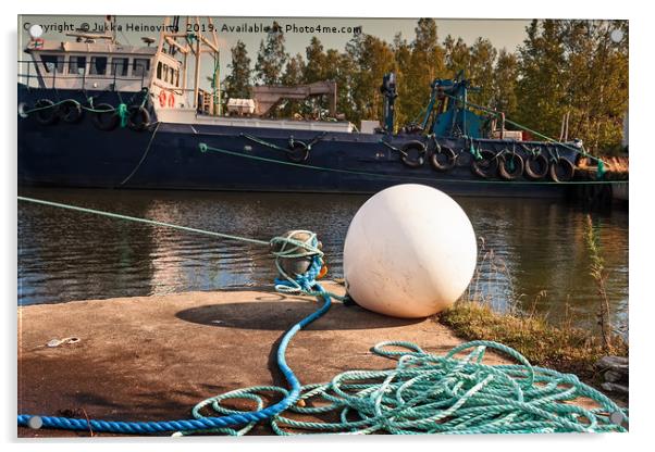 Old White Buoy On A Pier Acrylic by Jukka Heinovirta