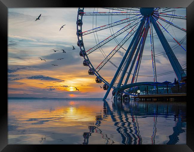 Great Wheel at Sunset with Birds Framed Print by Darryl Brooks