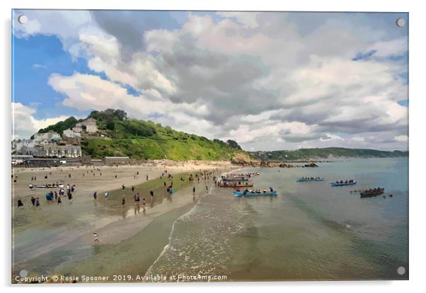 The Gig Regatta in Looe Beach in Cornwall Acrylic by Rosie Spooner