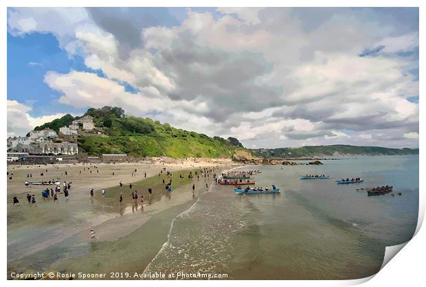 The Gig Regatta in Looe Beach in Cornwall Print by Rosie Spooner