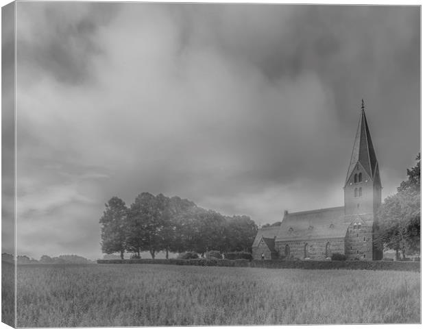 Clearing Fog at Sonnarslov Church Monochromatic Canvas Print by Antony McAulay