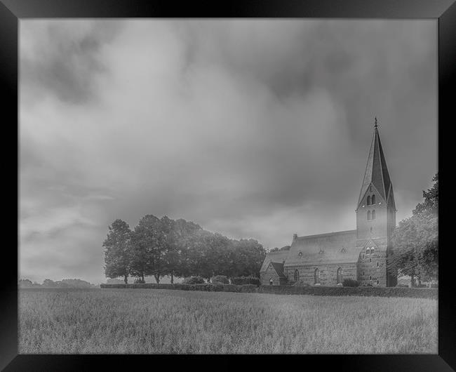 Clearing Fog at Sonnarslov Church Monochromatic Framed Print by Antony McAulay