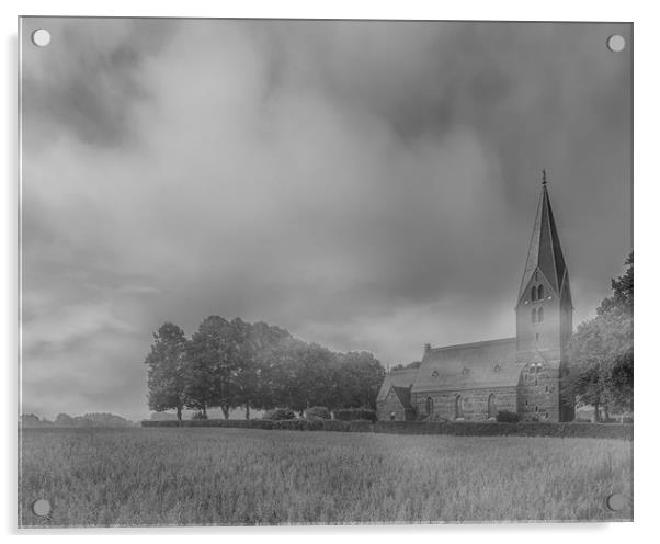 Clearing Fog at Sonnarslov Church Monochromatic Acrylic by Antony McAulay