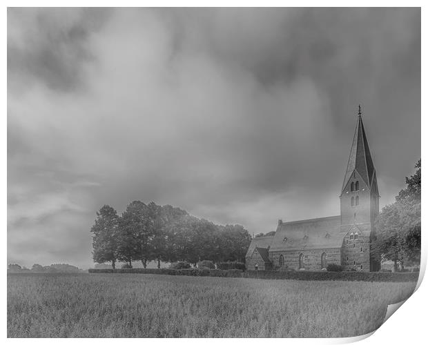 Clearing Fog at Sonnarslov Church Monochromatic Print by Antony McAulay