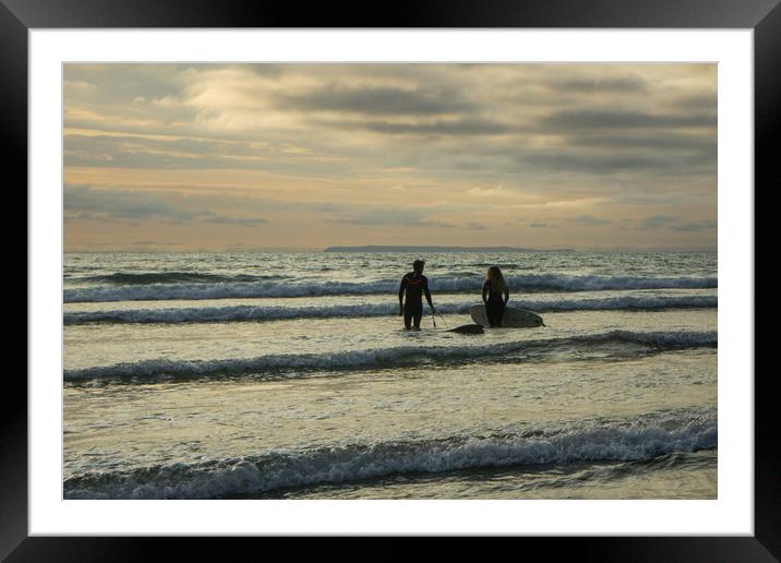 Sunset surfers at Westward Ho! in Devon Framed Mounted Print by Tony Twyman