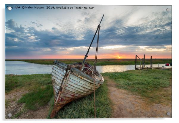 Sunrise over abandoned fishing boat on the shore a Acrylic by Helen Hotson