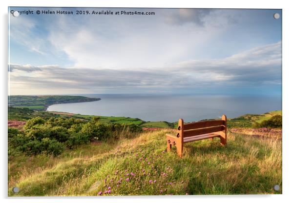 A wooden bench facing out to sea above Ravenscar o Acrylic by Helen Hotson