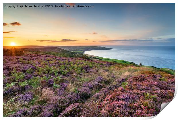 Summer heather in bloom on the North York Moors Print by Helen Hotson