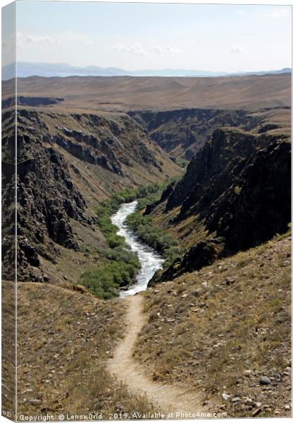 Trail turning into river - Black Canyon, Kazakhsta Canvas Print by Lensw0rld 