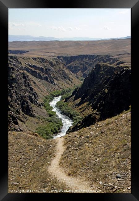 Trail turning into river - Black Canyon, Kazakhsta Framed Print by Lensw0rld 