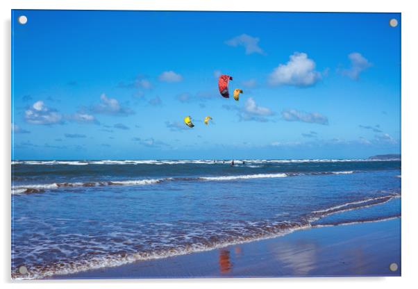 Kitesurfers at Westward Ho! in North Devon Acrylic by Tony Twyman