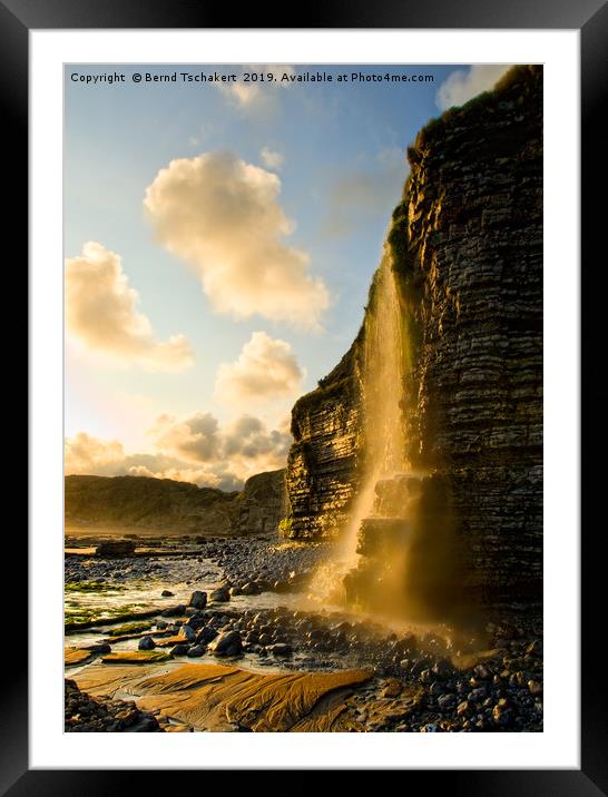 Sunset Waterfall, cliff, Nash Point, Wales, UK Framed Mounted Print by Bernd Tschakert