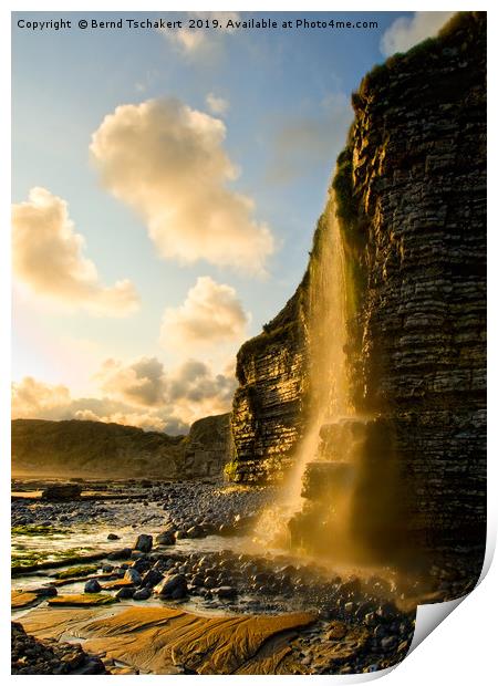 Sunset Waterfall, cliff, Nash Point, Wales, UK Print by Bernd Tschakert