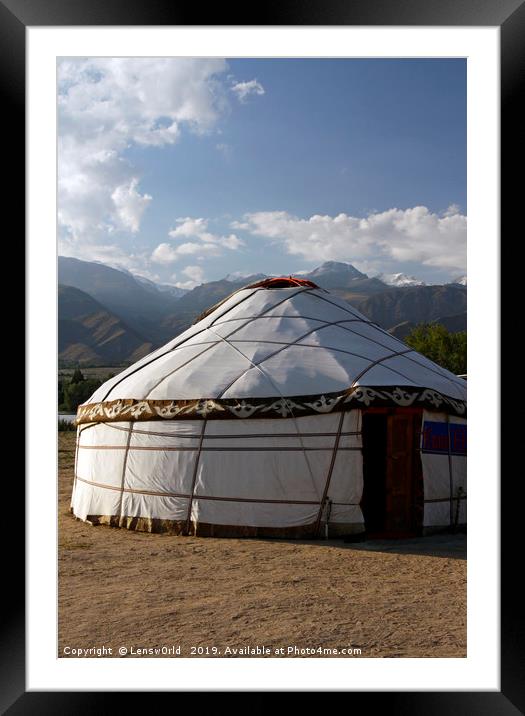 Yurt in front of a mountain range in Kyrgyzstan Framed Mounted Print by Lensw0rld 