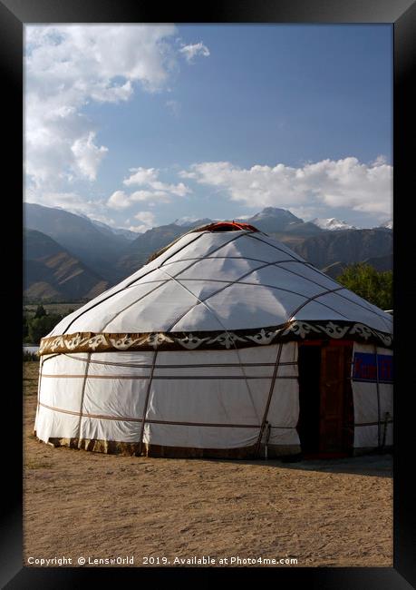 Yurt in front of a mountain range in Kyrgyzstan Framed Print by Lensw0rld 