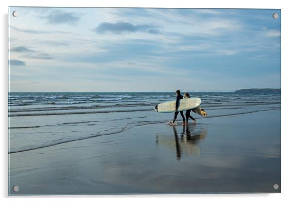 Surfer couple entering the sea at Westward Ho! Acrylic by Tony Twyman