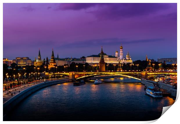 Illuminated Moscow Kremlin, Kremlin Embankment and Print by Sergey Fedoskin