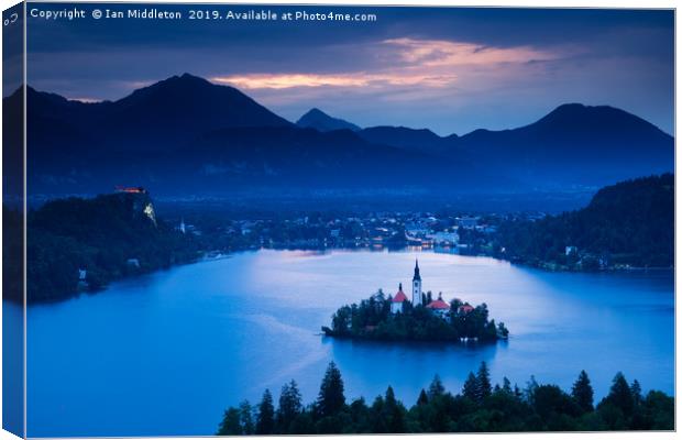 Dawn view of Lake Bled from Ojstrica Canvas Print by Ian Middleton
