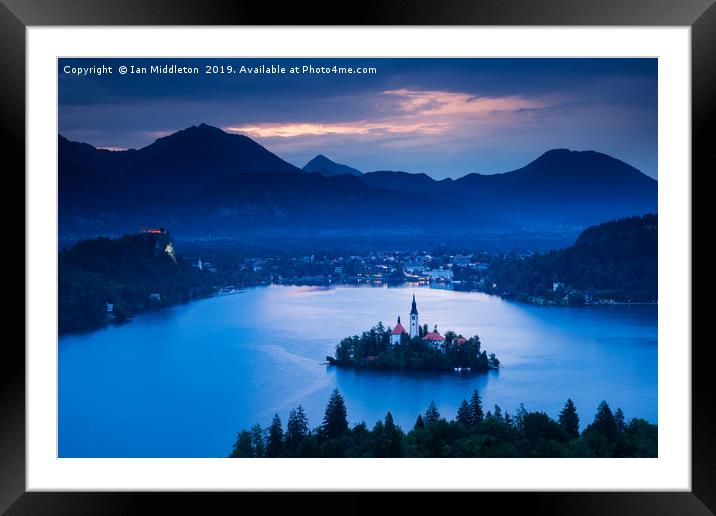 Dawn view of Lake Bled from Ojstrica Framed Mounted Print by Ian Middleton