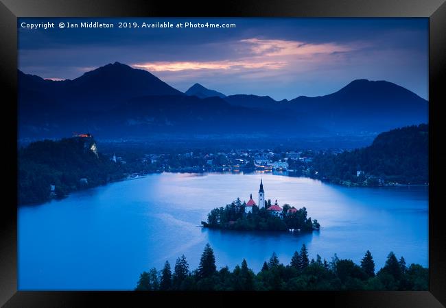 Dawn view of Lake Bled from Ojstrica Framed Print by Ian Middleton