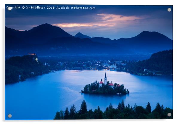 Dawn view of Lake Bled from Ojstrica Acrylic by Ian Middleton
