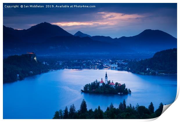 Dawn view of Lake Bled from Ojstrica Print by Ian Middleton