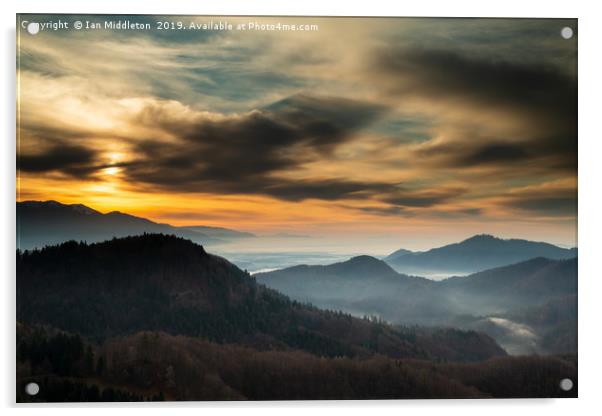 Sunrise view across to Sv Jost from the Jamnik Hil Acrylic by Ian Middleton