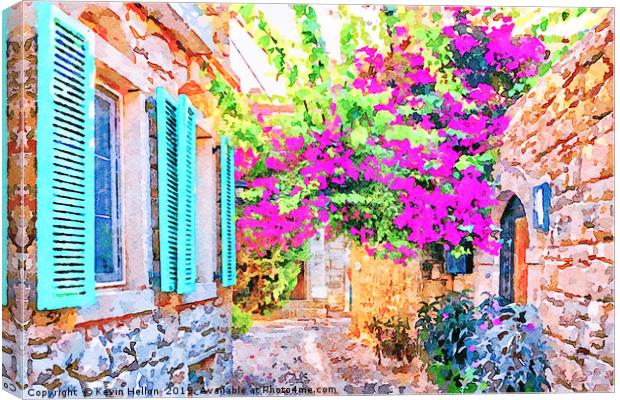 Digital water colour of blue shutters on a house a Canvas Print by Kevin Hellon
